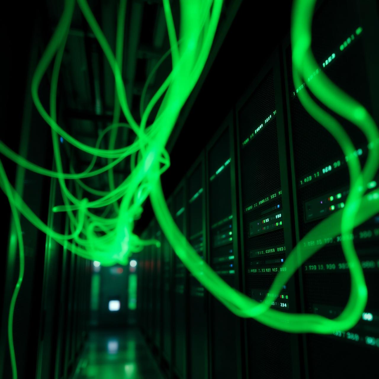 Enterprise data centre infrastructure with illuminated network cabling