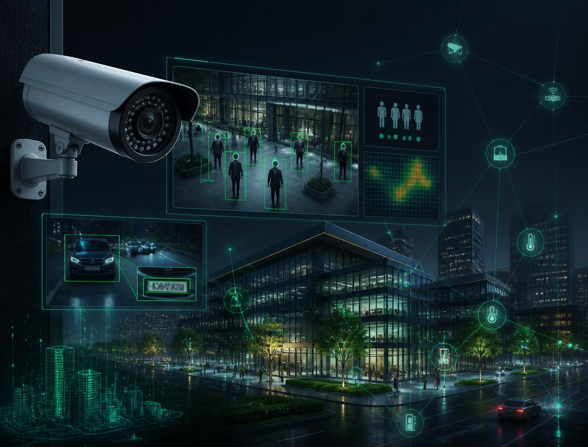 AI-powered video surveillance and Smart IoT illustration showing intelligent video analytics, number plate recognition, people counting, heat mapping and connected building sensors
