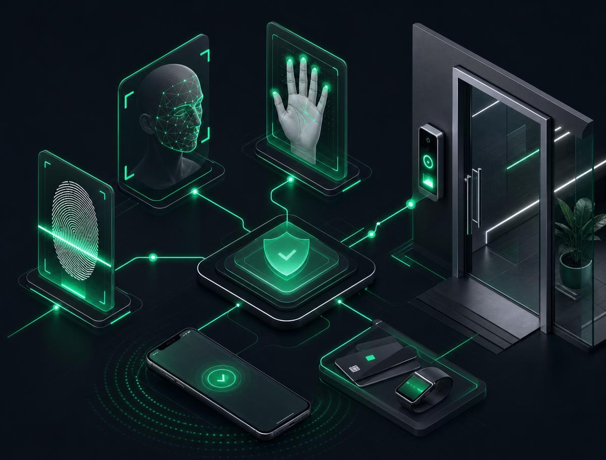 Biometric identity and access management illustration showing fingerprint, face recognition, palm recognition, mobile credentials and secure door access