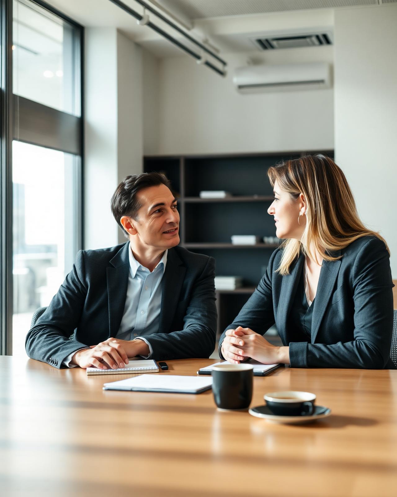 Two professionals in an attentive, unhurried conversation across an office table